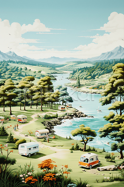 사람없음 JPG 디지털합성 편집이미지 구름(자연) 꽃 나무 바위(돌) 산 캠핑 캠핑장 캠핑카 풍경(경치) 하늘 호수