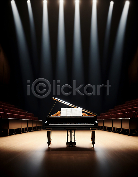 사람없음 JPG 디지털합성 편집이미지 그랜드피아노 무대 스포트라이트 악보 의자 조명 콘서트홀 피아노(악기)