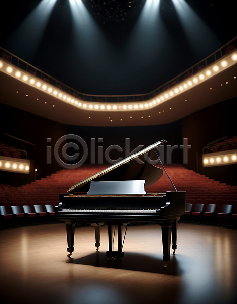 사람없음 JPG 디지털합성 편집이미지 그랜드피아노 무대 스포트라이트 의자 조명 콘서트홀 피아노(악기)