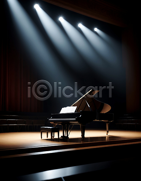 사람없음 JPG 디지털합성 편집이미지 그랜드피아노 무대 스포트라이트 악보 조명 콘서트홀 피아노(악기)