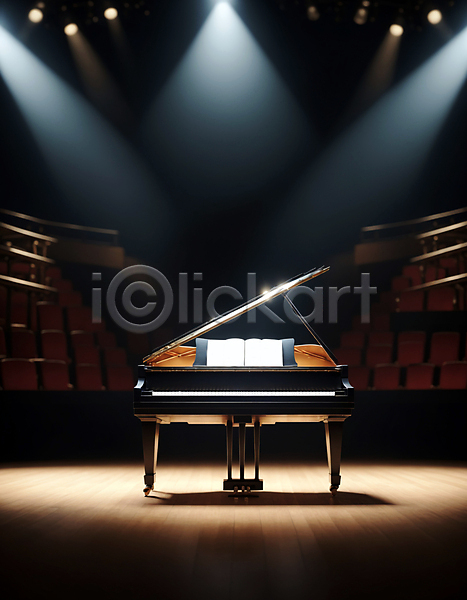 사람없음 JPG 디지털합성 편집이미지 그랜드피아노 무대 스포트라이트 악보 의자 조명 콘서트홀 피아노(악기)