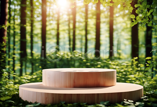 사람없음 JPG 편집이미지 나무 나무판자 단상 목재 받침대 숲 원형 잎 자연 포디움 풀(식물) 햇빛