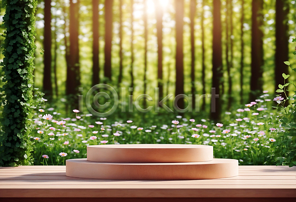 사람없음 JPG 편집이미지 꽃 나무 나무판자 단상 목재 받침대 숲 원형 자연 포디움 풀(식물) 햇빛