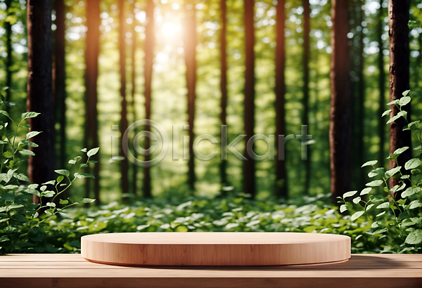 사람없음 JPG 편집이미지 나무 나무판자 단상 목재 받침대 숲 원형 잎 자연 포디움 풀(식물) 햇빛