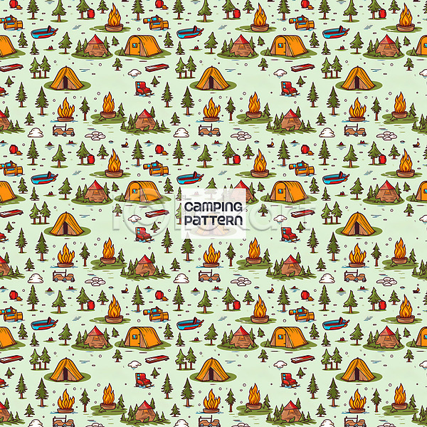 사람없음 PSD 일러스트 나무 모닥불 배(교통) 연두색 의자 캠핑 캠핑도구 탁자 텐트 패턴 패턴백그라운드