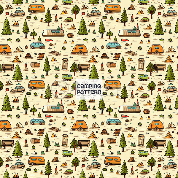 사람없음 PSD 일러스트 나무 연노랑색 자동차 캠핑 캠핑도구 캠핑카 패턴 패턴백그라운드 풀(식물)