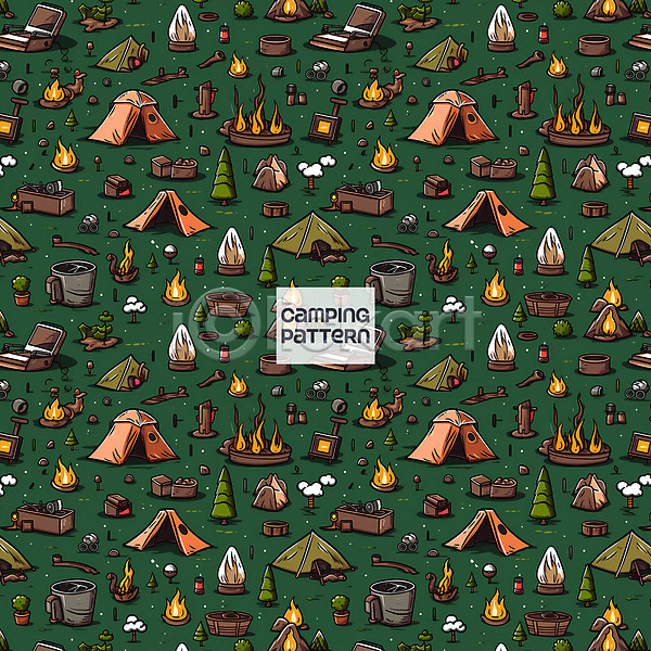 사람없음 PSD 일러스트 나무 모닥불 바베큐그릴 불꽃(불) 연기 초록색 캠핑 캠핑도구 텐트 패턴 패턴백그라운드