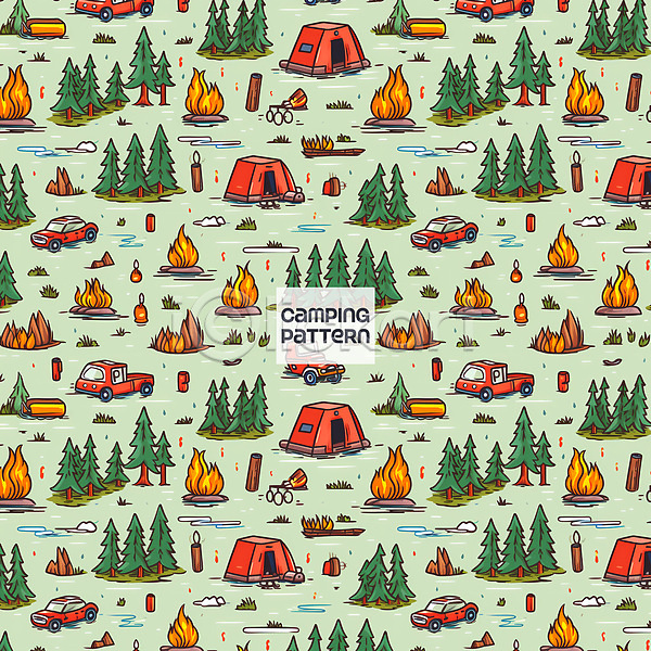 사람없음 PSD 일러스트 나무 랜턴 모닥불 자동차 장작 초록색 캠핑 캠핑도구 텐트 통나무 트럭 패턴 패턴백그라운드 풀(식물)