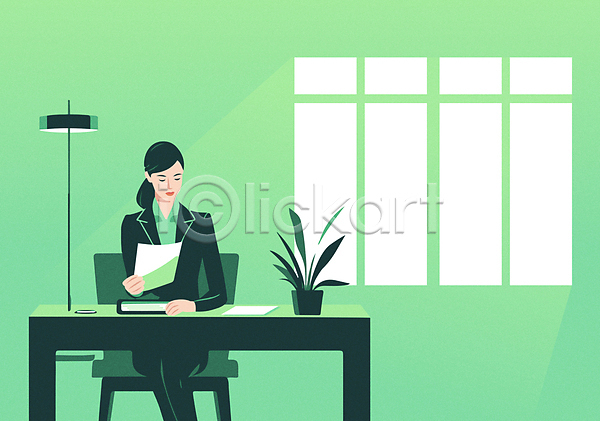 성인 성인여자한명만 여자 한명 AI(파일형식) 일러스트 들기 문서 비즈니스우먼 사무실 상반신 스탠드 앉기 의자 정장 창문 책 책상 초록색 화분 회사