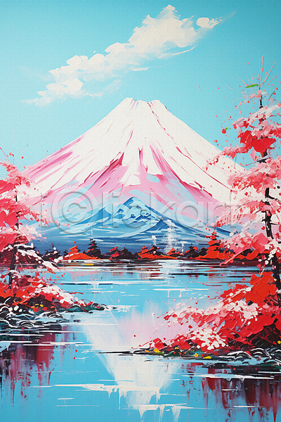 사람없음 JPG 일러스트 구름(자연) 벚나무 붓터치 여행 유화 일본 풍경(경치) 호수 후지산
