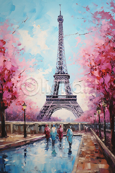 남자 성인 성인만 여러명 여자 JPG 일러스트 가로등 거리 걷기 꽃나무 붓터치 에펠탑 여행 유화 전신 파리(프랑스) 풍경(경치) 프랑스