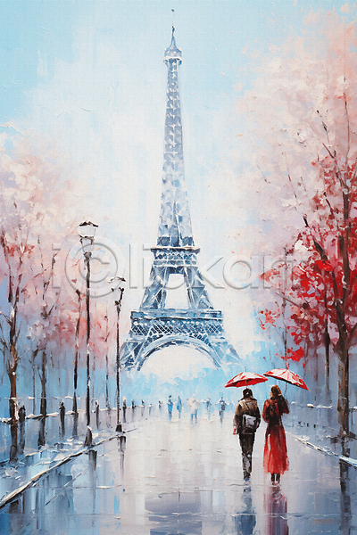 남자 성인 성인만 여러명 여자 JPG 일러스트 가로등 거리 걷기 단풍나무 들기 붓터치 에펠탑 여행 우산 유화 전신 파리(프랑스) 풍경(경치) 프랑스