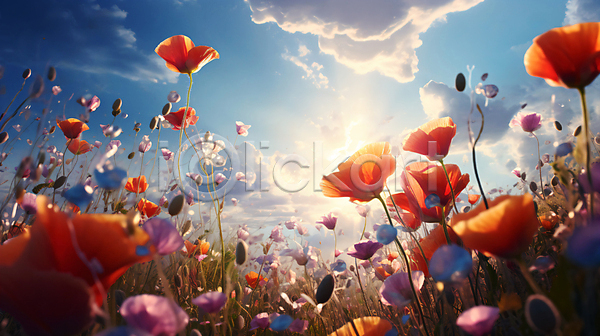 사람없음 JPG 편집이미지 구름(자연) 꽃 꽃밭 자연 코스모스(꽃) 태양 풀(식물) 풍경(경치) 하늘 햇빛