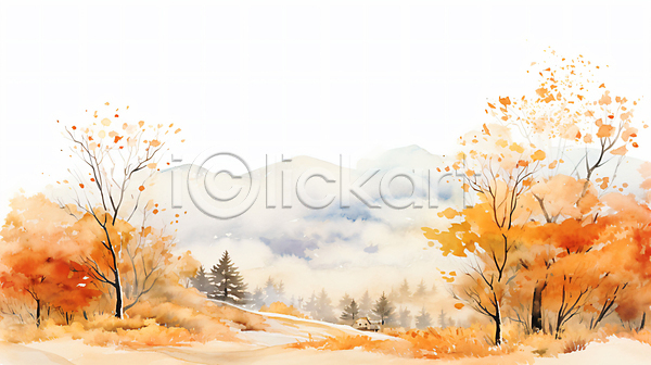사람없음 JPG 일러스트 가을(계절) 그림 길 낙엽 단풍나무 백그라운드 수채화(물감) 주황색 풀(식물) 풍경(경치)