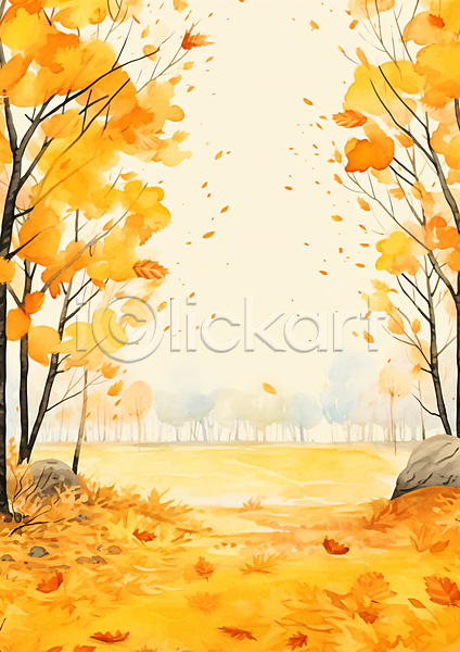 사람없음 JPG 일러스트 가을(계절) 그림 길 낙엽 노란색 단풍나무 바위(돌) 백그라운드 수채화(물감) 풀(식물) 풍경(경치)
