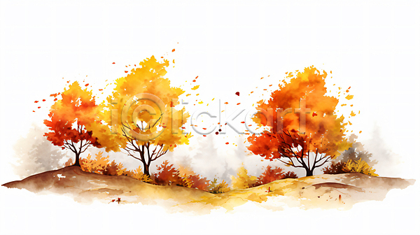사람없음 JPG 일러스트 가을(계절) 그림 낙엽 단풍나무 백그라운드 수채화(물감) 언덕 주황색 풀(식물) 풍경(경치)
