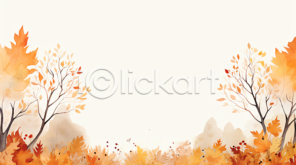 사람없음 JPG 일러스트 가을(계절) 그림 낙엽 단풍나무 백그라운드 수채화(물감) 주황색 풀(식물) 풍경(경치)