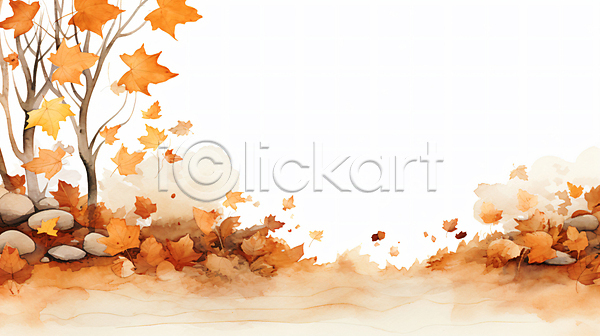 사람없음 JPG 일러스트 가을(계절) 그림 낙엽 단풍 단풍나무 바위(돌) 백그라운드 수채화(물감) 주황색 풀(식물) 풍경(경치)