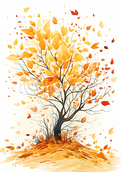 사람없음 JPG 일러스트 가을(계절) 그림 낙엽 단풍나무 수채화(물감) 주황색 풀(식물) 풍경(경치)