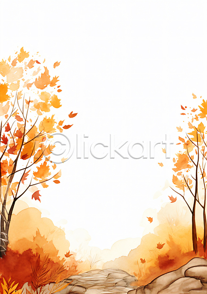 사람없음 JPG 일러스트 가을(계절) 그림 낙엽 단풍나무 돌길 바위(돌) 백그라운드 수채화(물감) 주황색 풀(식물) 풍경(경치)