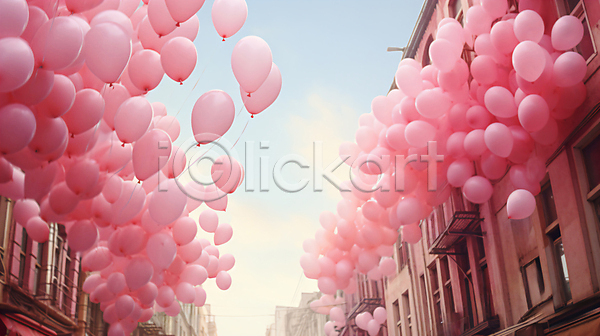 사람없음 JPG 편집이미지 거리 건물 구름(자연) 도시 분홍색 카피스페이스 풍경(경치) 풍선 하늘