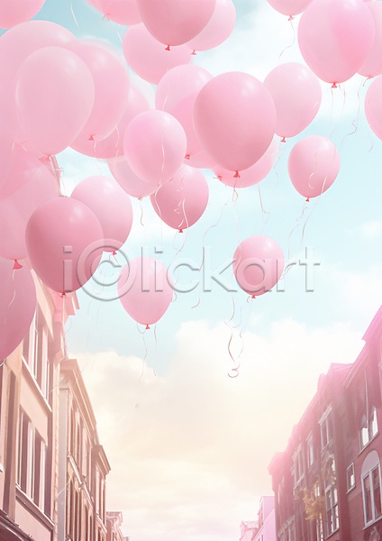 사람없음 JPG 편집이미지 거리 건물 구름(자연) 도시 분홍색 카피스페이스 풍경(경치) 풍선 하늘