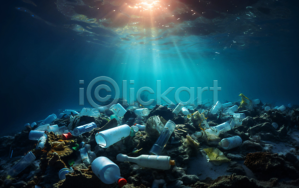 사회이슈 환경오염 사람없음 JPG 편집이미지 가득함 바다 바닷속 파란색 페트병 플라스틱 해양쓰레기 해양오염 햇빛