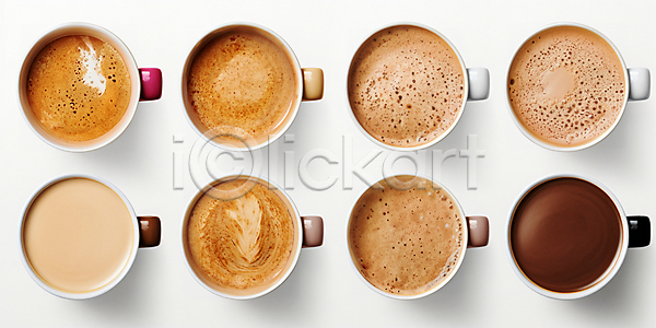 사람없음 JPG 디지털합성 편집이미지 하이앵글 갈색 거품 다양 에스프레소 카페 커피 커피잔