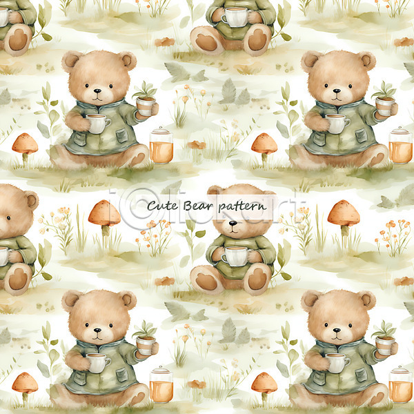 사람없음 PSD 일러스트 갈색 곰 곰인형 들기 백그라운드 버섯 수채화(물감) 잎 초록색 컵 패턴 풀(식물) 화분
