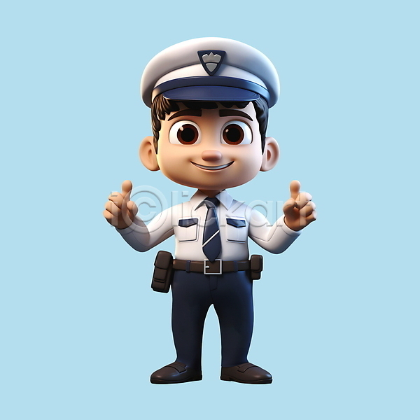 남자 성인 성인남자한명만 청년 한명 3D PSD 편집이미지 3D캐릭터 가리킴 경찰 경찰복 미소(표정) 서기 전신