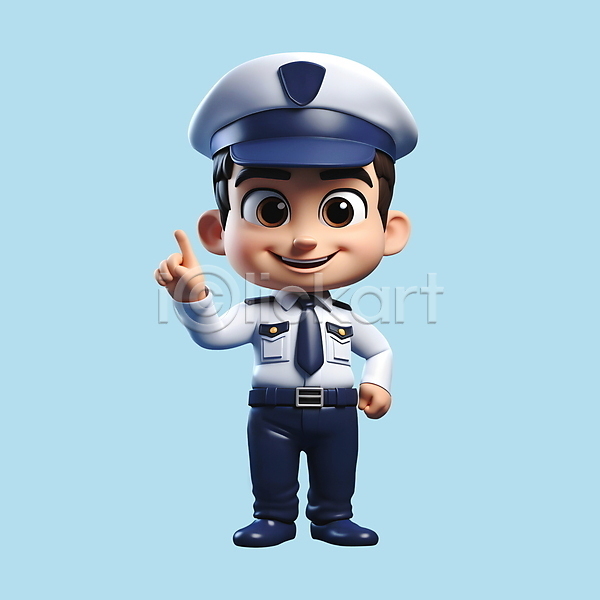 남자 성인 성인남자한명만 청년 한명 3D PSD 편집이미지 3D캐릭터 가리킴 경찰 경찰복 미소(표정) 서기 전신