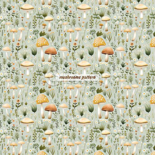 사람없음 PSD 일러스트 꽃 민트색 버섯 수채화(물감) 잎 자연 패턴 패턴백그라운드 풀(식물)