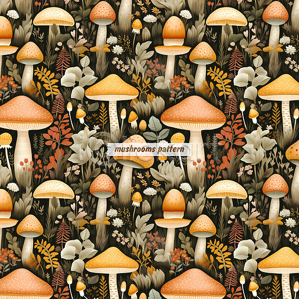 사람없음 PSD 일러스트 갈색 꽃 버섯 수채화(물감) 잎 자연 패턴 패턴백그라운드 풀(식물)