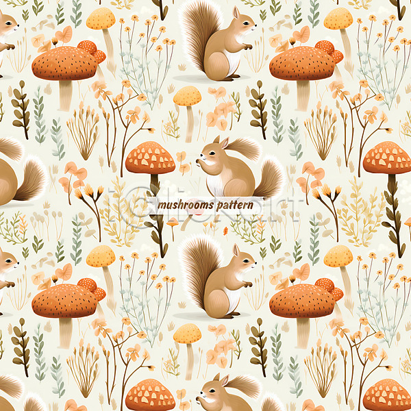 사람없음 PSD 일러스트 꽃 다람쥐 버섯 수채화(물감) 잎 자연 주황색 패턴 패턴백그라운드 풀(식물)