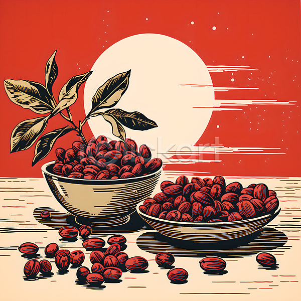사람없음 JPG 디지털합성 일러스트 그릇 그림 나무탁자 나뭇잎 담기 디자인 빨간색 원두 원형 태양 포스터