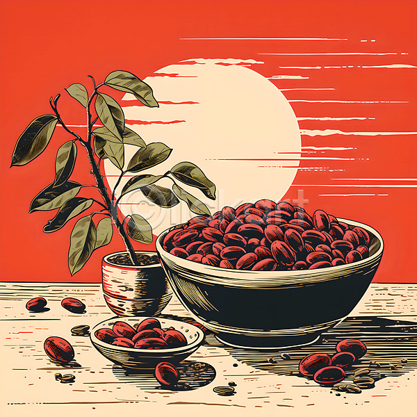 사람없음 JPG 디지털합성 일러스트 그릇 그림 나무탁자 담기 디자인 빨간색 원두 원형 태양 포스터 화분 화초
