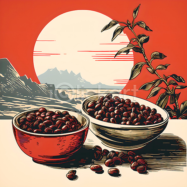 사람없음 JPG 디지털합성 일러스트 그릇 그림 담기 디자인 빨간색 산 원두 원형 태양 포스터 풀잎