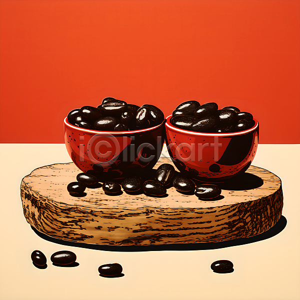 사람없음 JPG 디지털합성 일러스트 그릇 그림 나무받침 담기 디자인 빨간색 원두 포스터