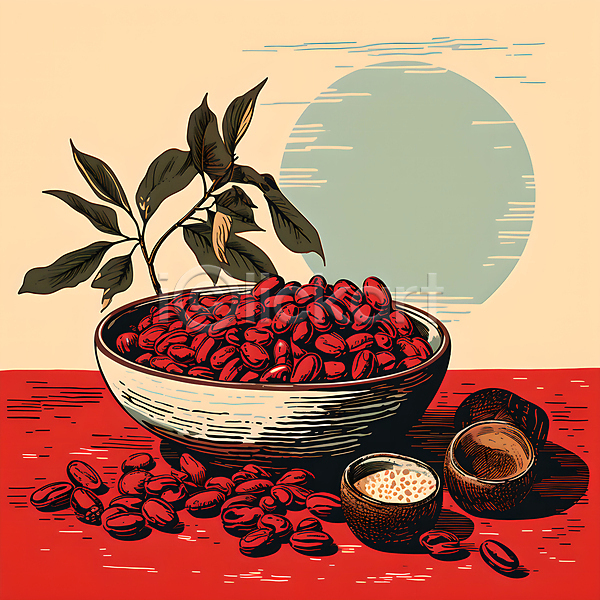 사람없음 JPG 디지털합성 일러스트 그릇 그림 나뭇잎 담기 디자인 빨간색 원두 원형 태양 포스터
