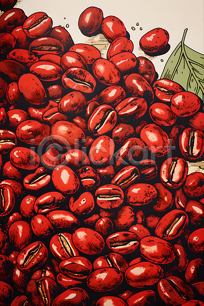 사람없음 JPG 디지털합성 일러스트 가득함 그림 나뭇잎 디자인 백그라운드 빨간색 원두 포스터