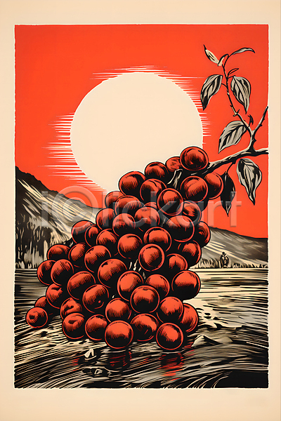 사람없음 JPG 디지털합성 일러스트 그림 나뭇잎 디자인 빨간색 산 원두 원형 태양 포스터