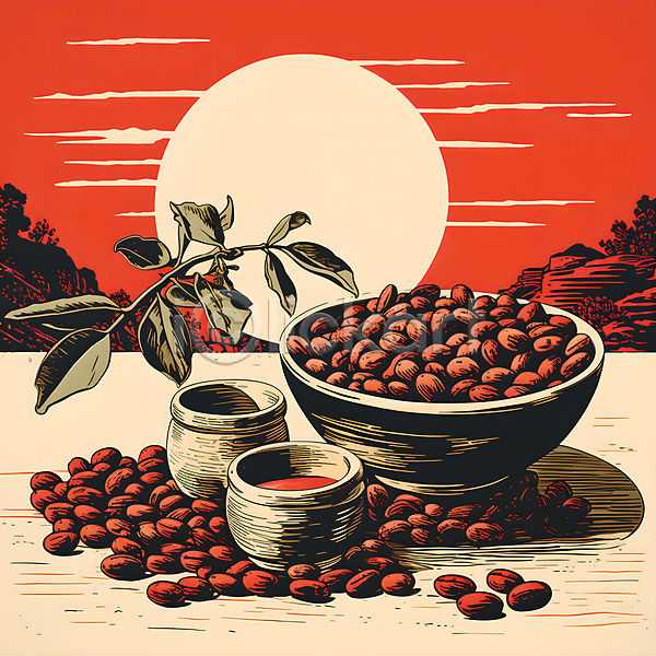 사람없음 JPG 디지털합성 일러스트 그릇 그림 나뭇잎 담기 디자인 빨간색 산 원두 원형 태양 포스터