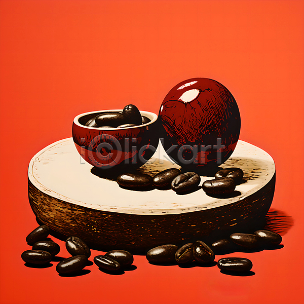 사람없음 JPG 디지털합성 일러스트 그릇 그림 나무받침 디자인 빨간색 원두 포스터