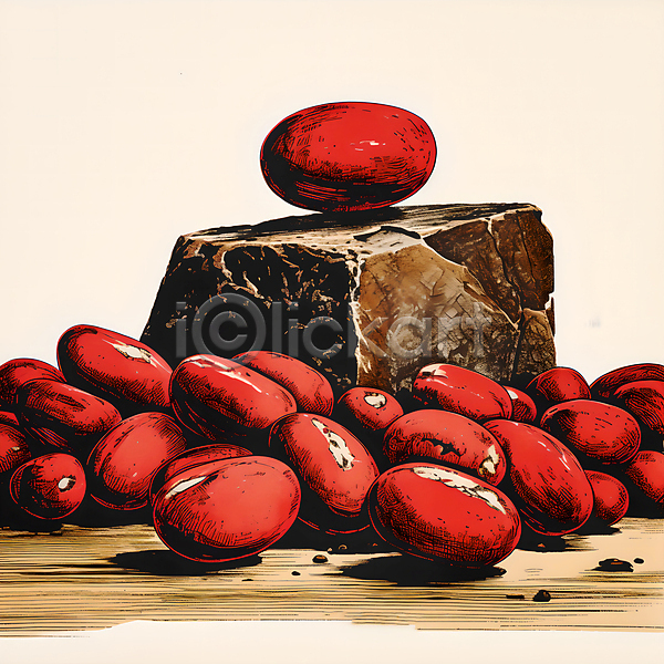 사람없음 JPG 디지털합성 일러스트 그림 나무탁자 돌(바위) 디자인 빨간색 원두 포스터