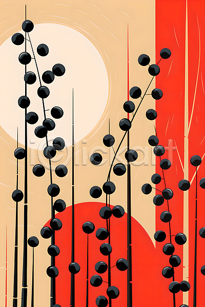 사람없음 JPG 디지털합성 일러스트 그림 나뭇가지 디자인 빨간색 원두 원형 태양 포스터