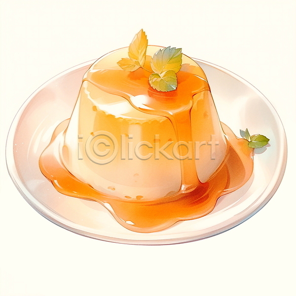 사람없음 JPG 일러스트 수채화(물감) 음식 잎 접시 주황색 푸딩