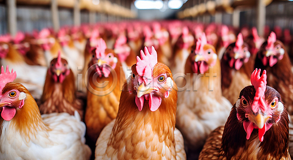 사람없음 JPG 디지털합성 편집이미지 가축 닭 닭벼슬 닭장 블러효과 여러마리 축산업