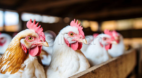 사람없음 JPG 디지털합성 편집이미지 가축 닭 닭벼슬 닭장 블러효과 여러마리 축산업