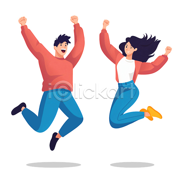 기쁨 성공 즐거움 행복 남자 두명 성인 성인만 여자 PSD 일러스트 긍정 만세 미소(표정) 전신 점프