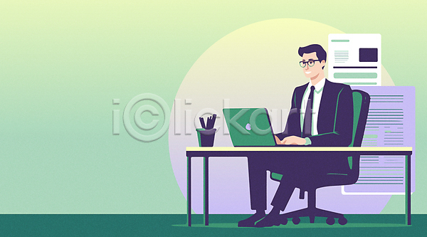남자 성인 성인남자한명만 한명 AI(파일형식) 일러스트 노트북 모니터 문서 비즈니스맨 사무 사무실 안경낌 앉기 업무 연필꽂이 의자 전신 정장 책상 초록색 타이핑 회사